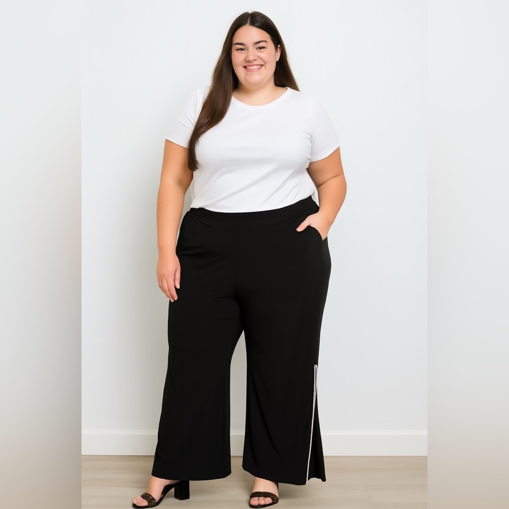 Woman’s Black Pants with Side 17” Split Diamond Strip by Prelude- Size Large